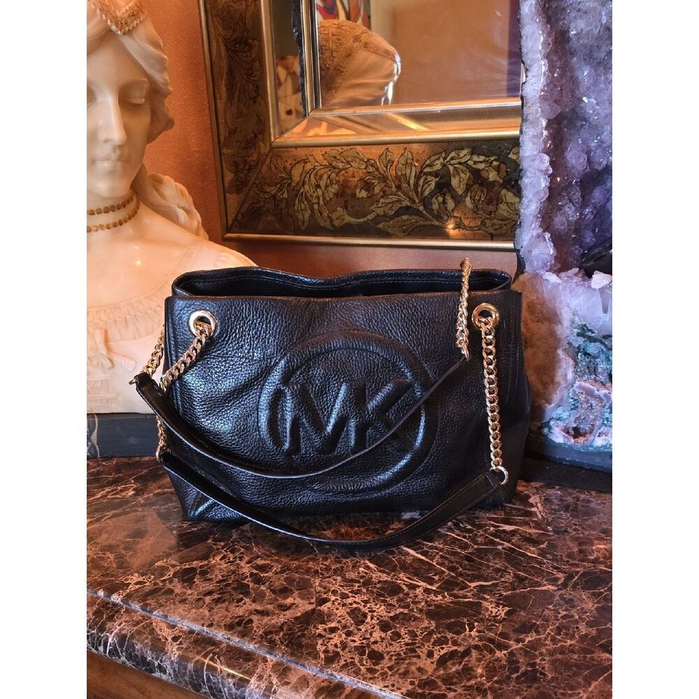 Michael Kors Black Leather Chain Strap Shoulder Bag with Gold Hardware